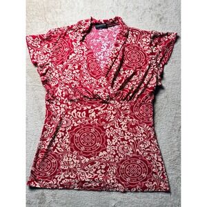 JKLA California Red Cream Medallion Print Surplice Babydoll Top OfficeSiren y2K‎